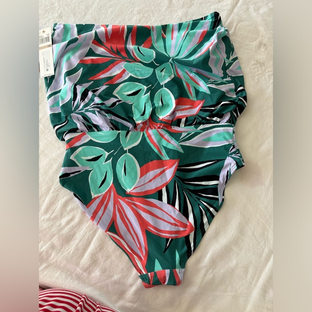 Anne Cole Green and Red Leaf Print One Piece Swimsuit - Picture 4 of 8
